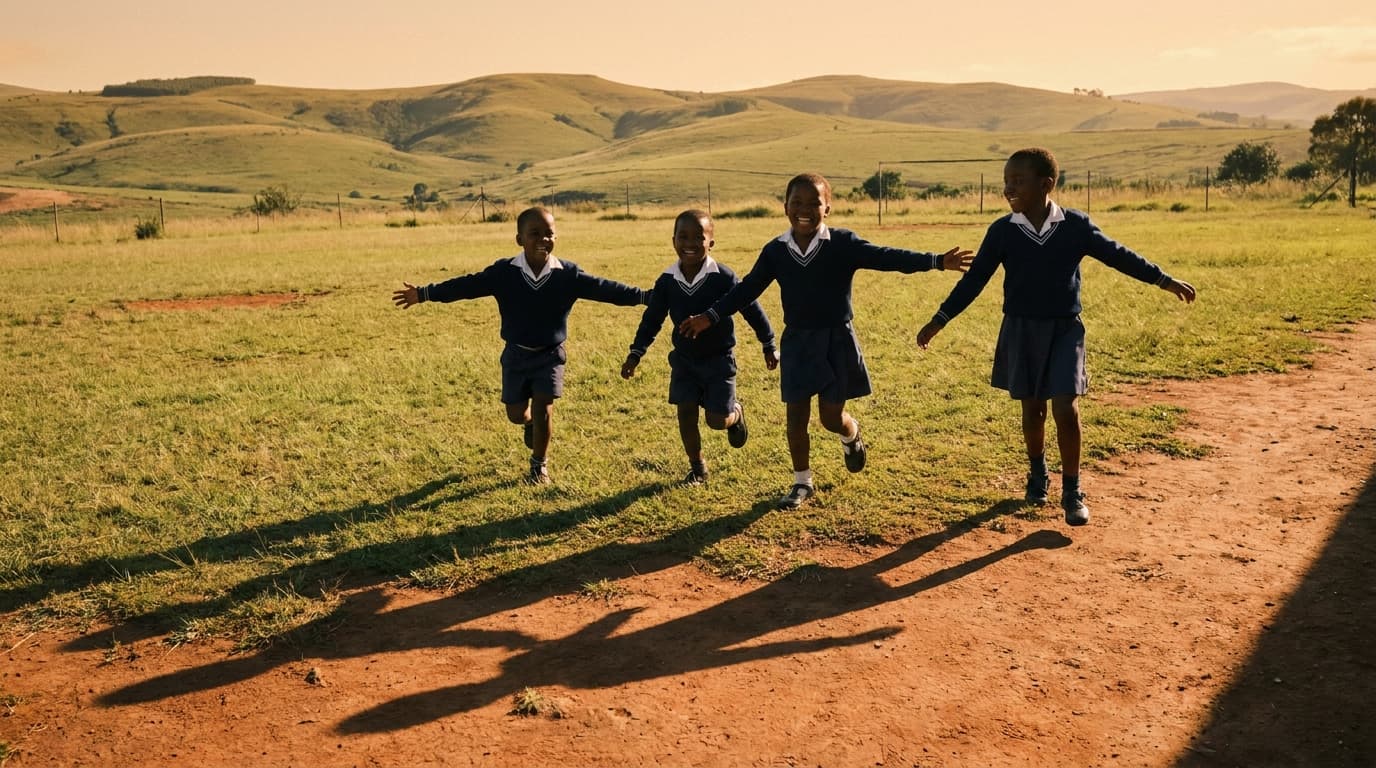 Schoolchildren running across a field in rural KwaZulu-Natal at golden hour