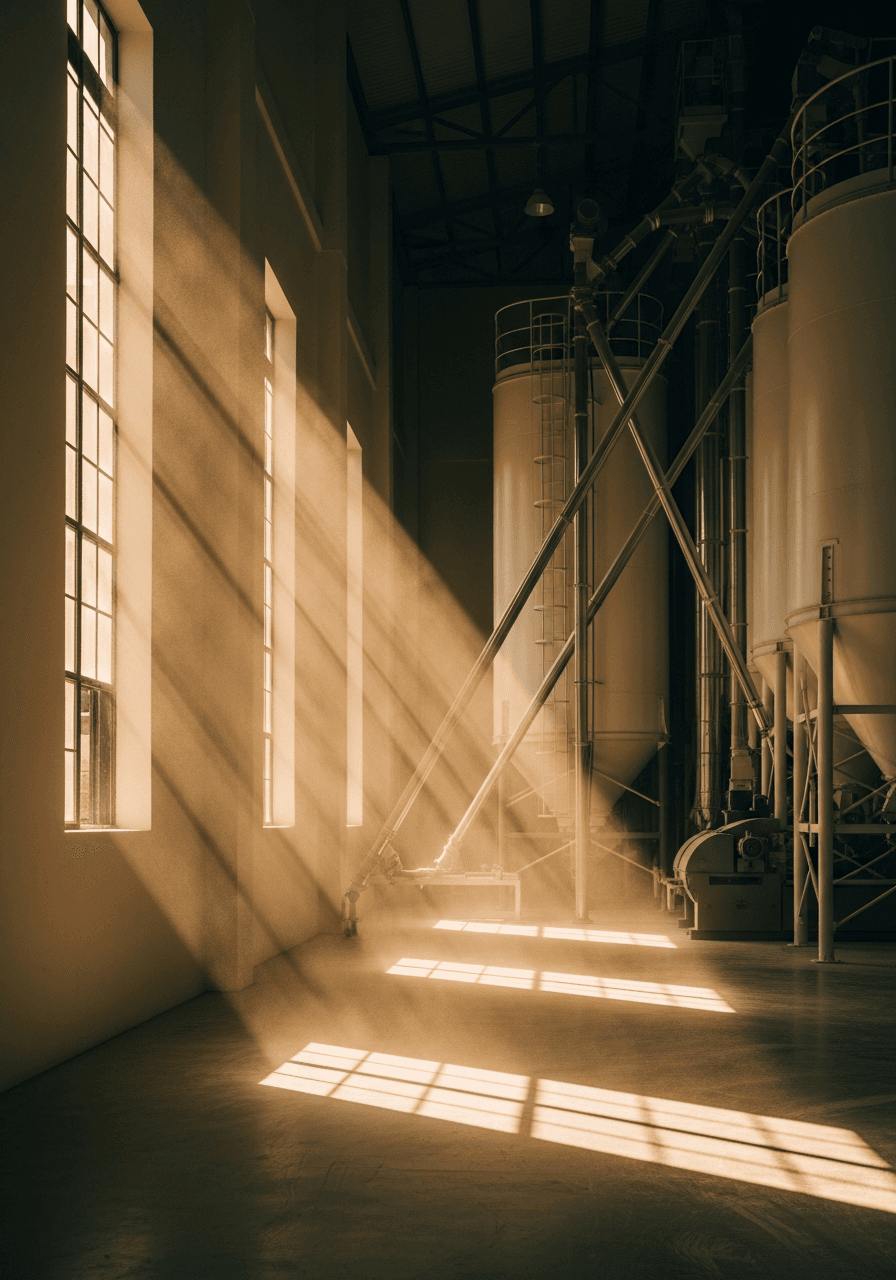Interior of a flour milling facility in KwaZulu-Natal — sunlight streaming through tall windows