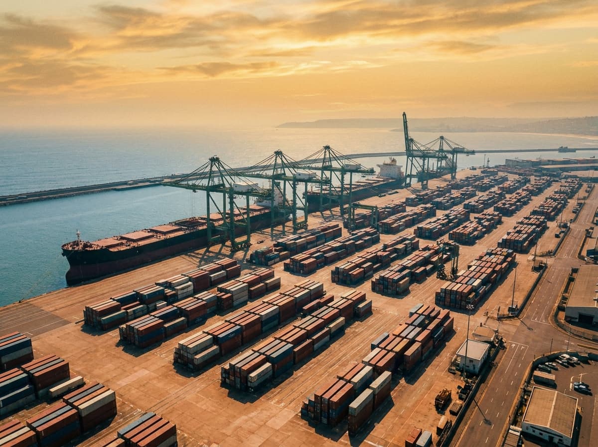 Aerial view of a major South African shipping port at golden hour, with cargo containers, cranes, and bulk vessels