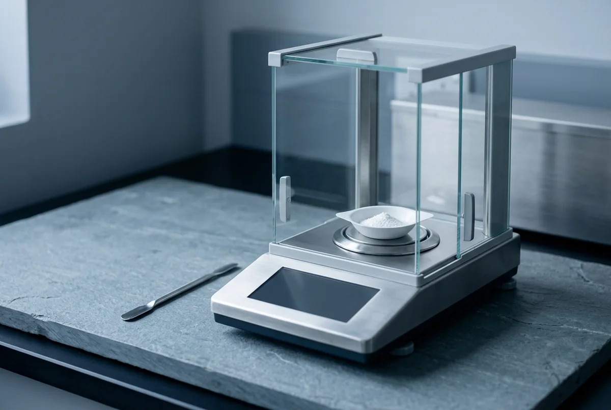 An analytical balance on a laboratory bench