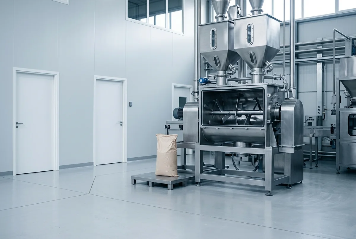 A stainless ribbon blender in the blending hall
