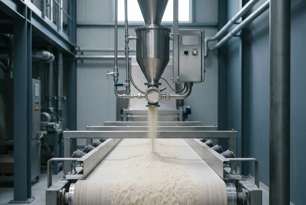 A micro-dosing feeder adding premix to flour on a conveyor