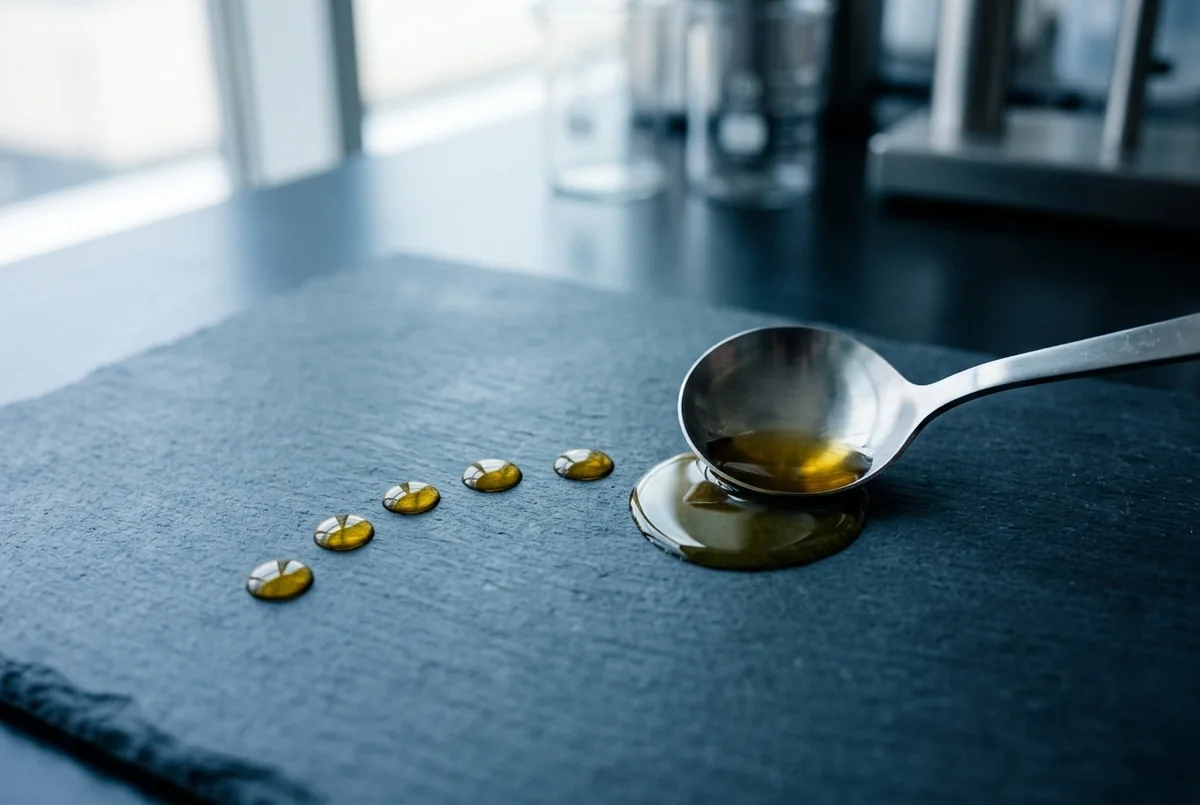 Drops of oil on dark slate beside a steel spoon