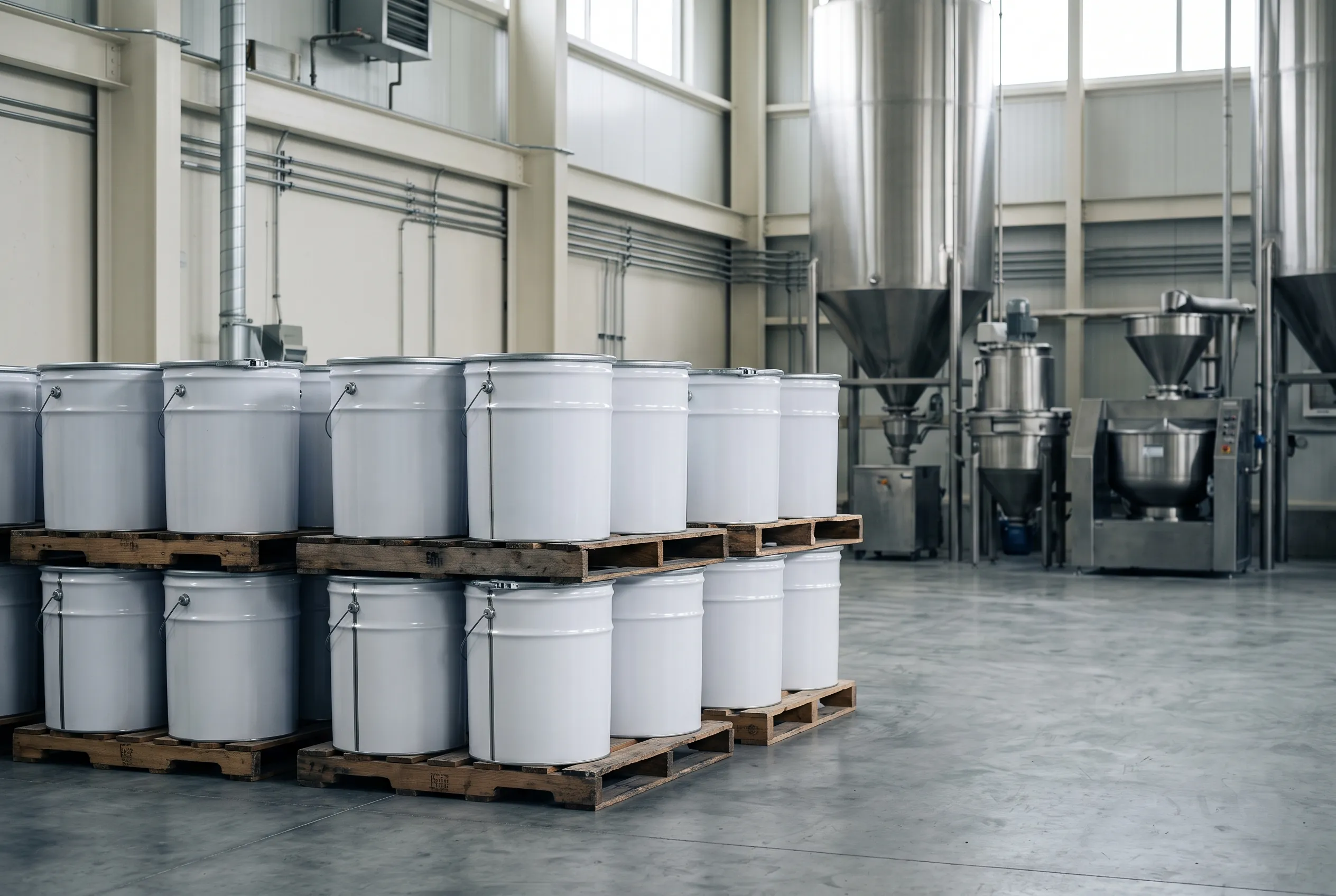 White fibre drums on pallets in the warehouse