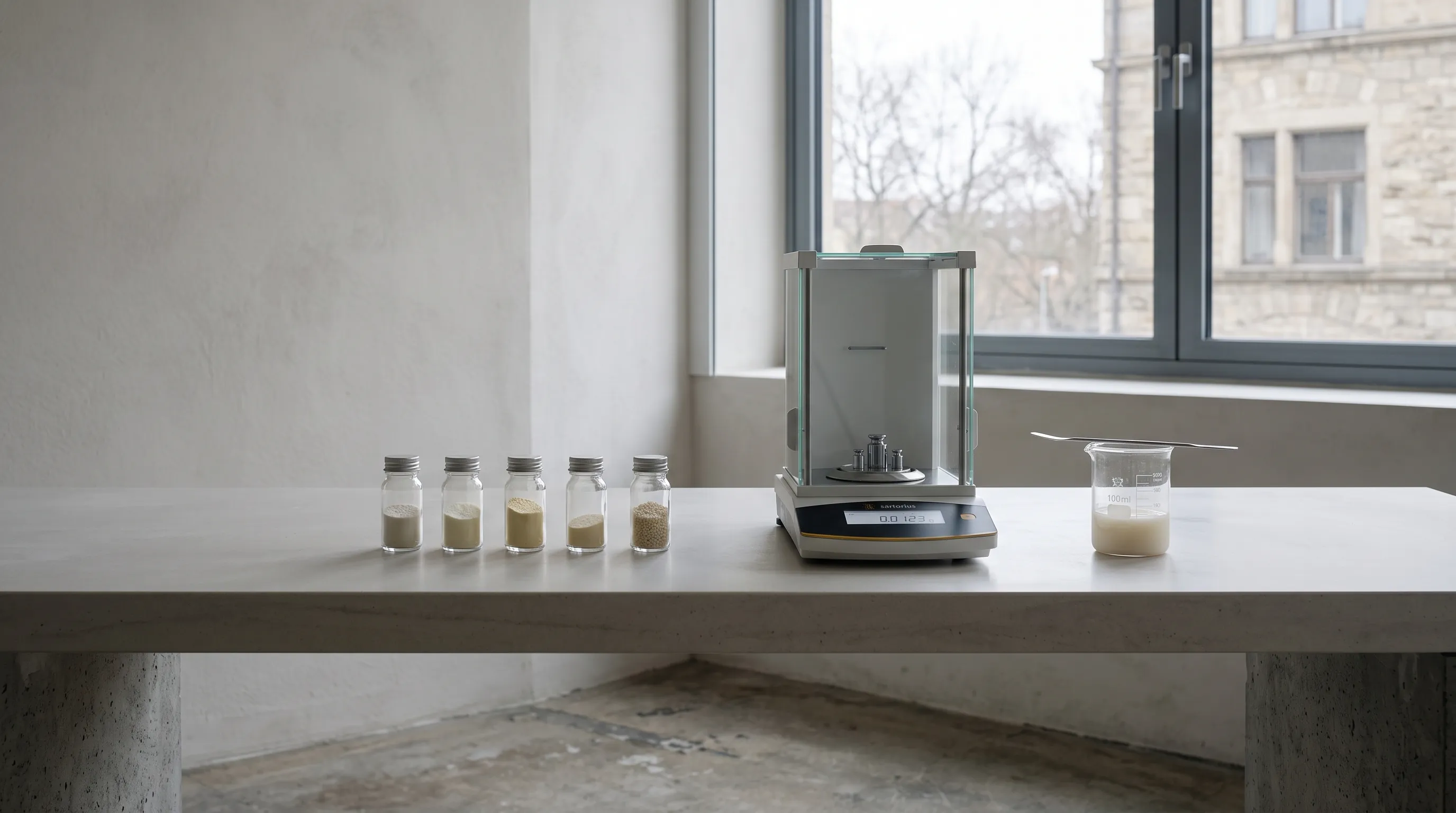 A laboratory bench by a window with vials, a balance and a beaker