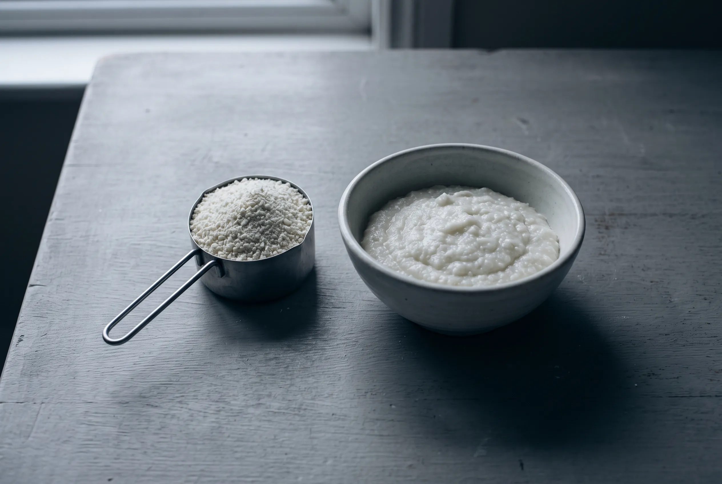 Coarse maize meal in a steel scoop beside a bowl of porridge