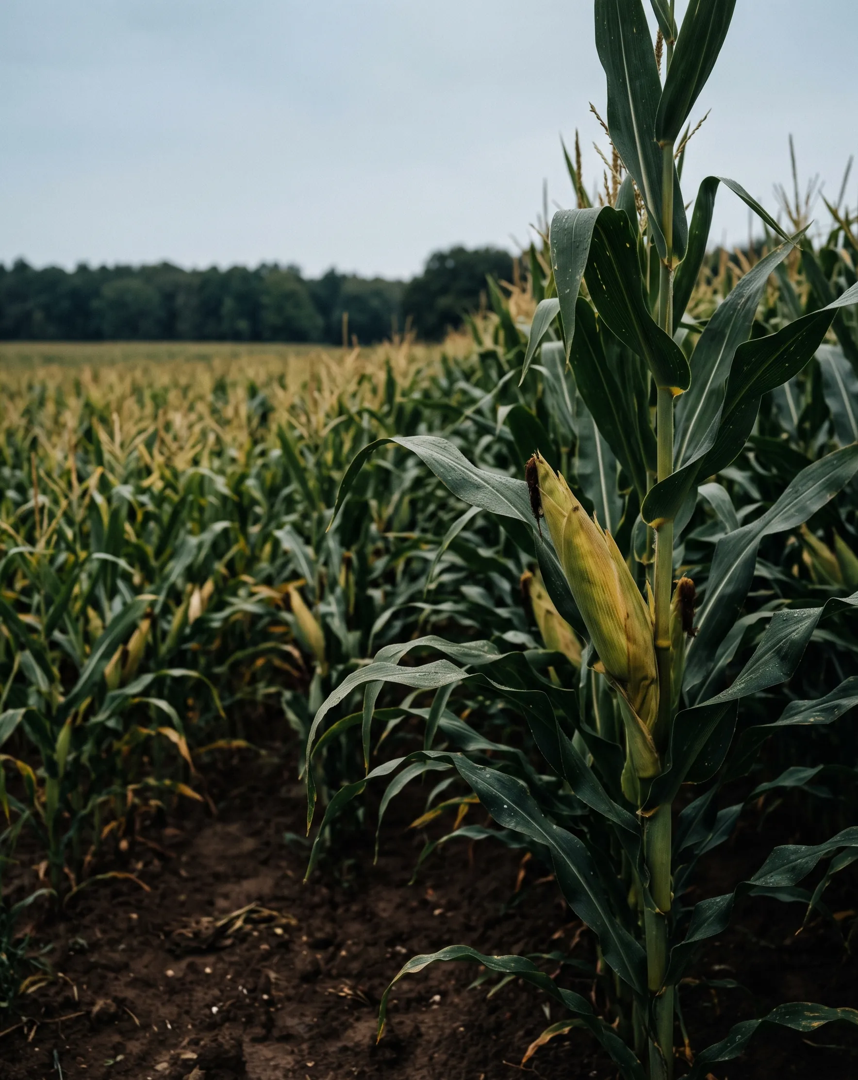 A tall green maize stalk with a heavy ear forming