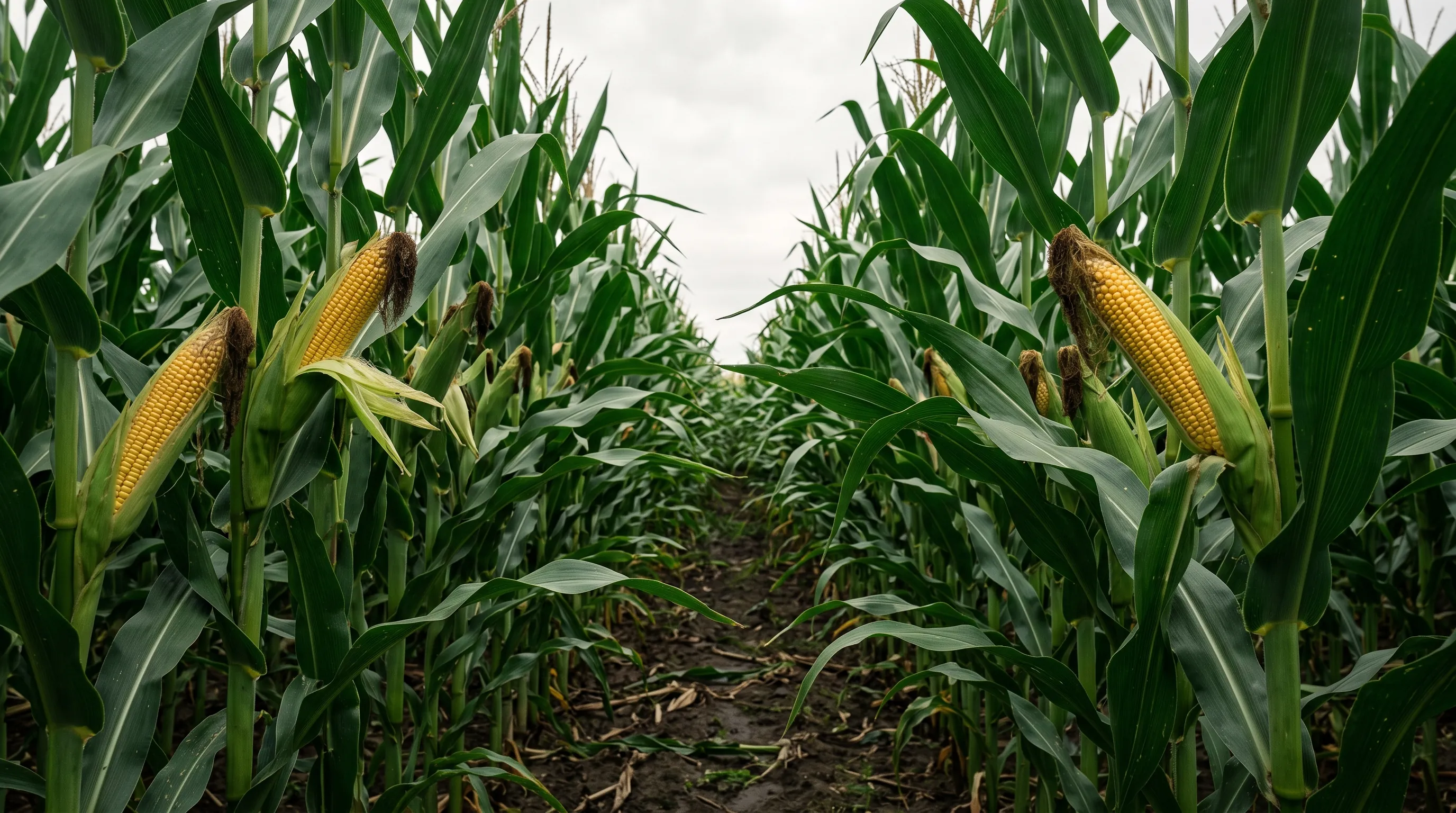 Dense green maize at eye level under an overcast sky