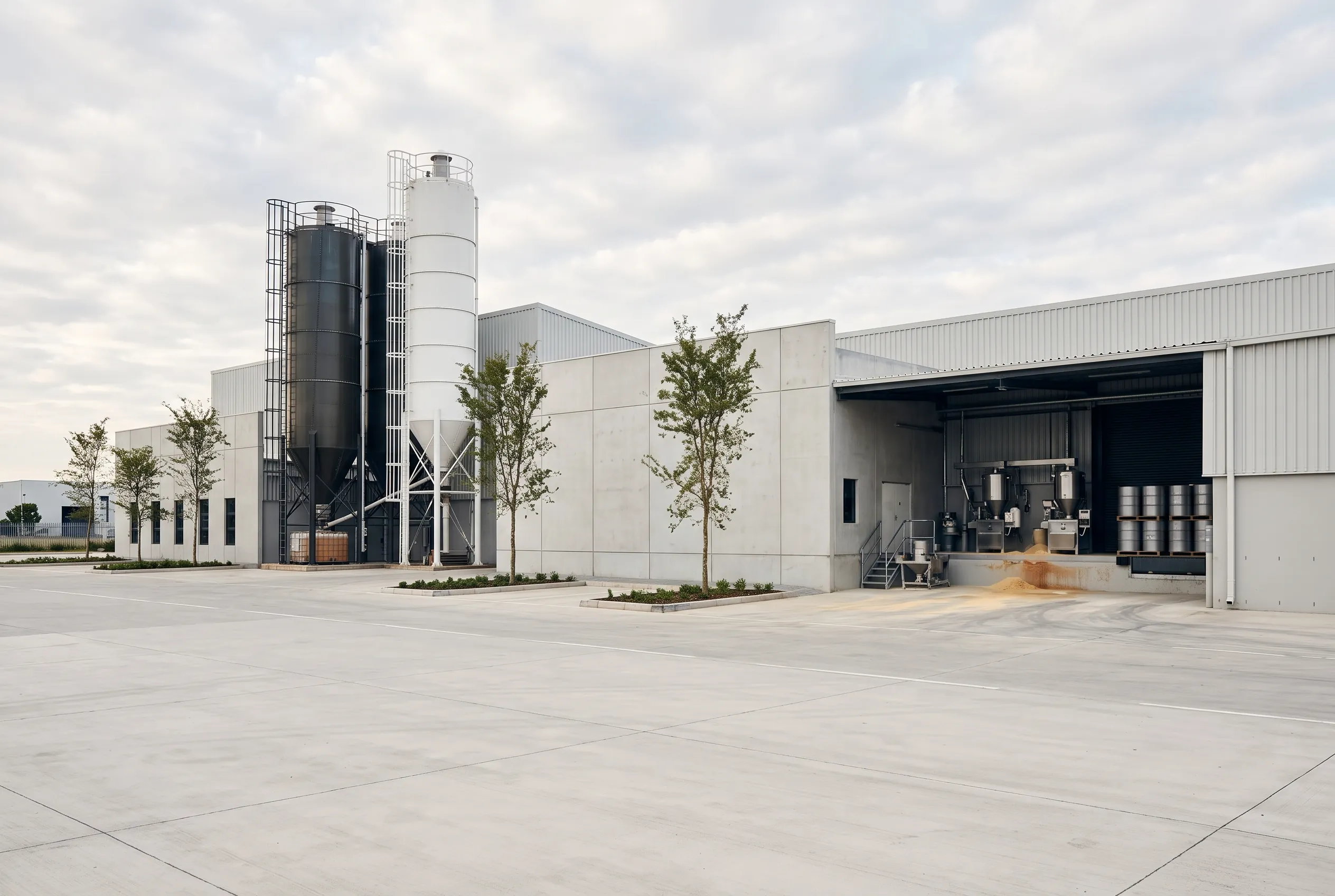 The plant: a pale concrete and steel building with silos under an overcast sky