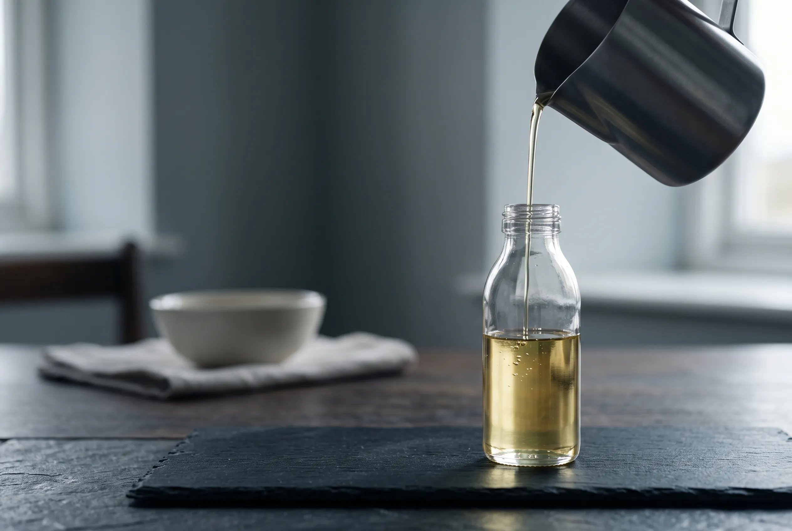 Cooking oil pouring into a glass bottle