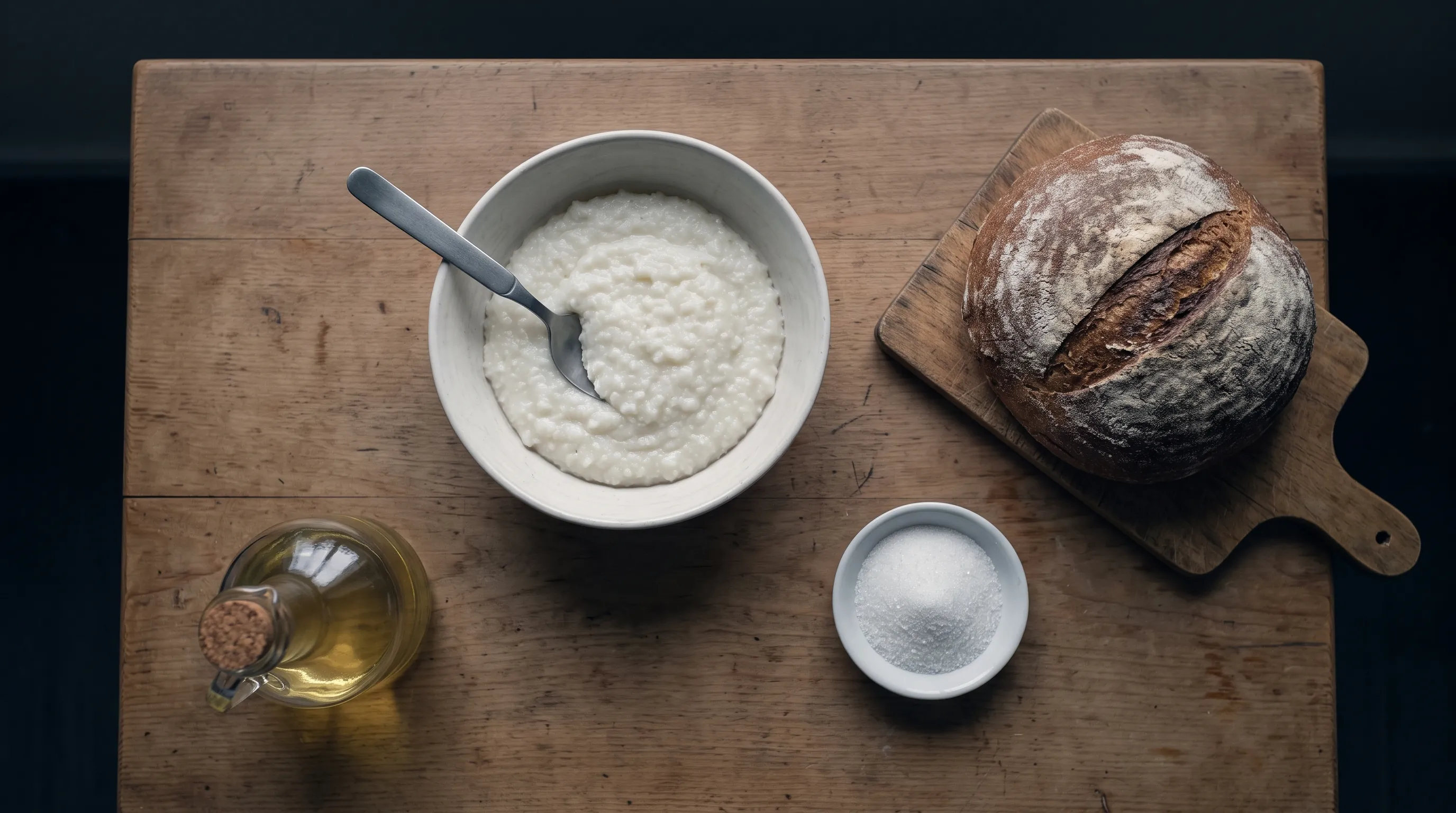A bowl of porridge, a loaf of bread, a bowl of sugar and a bottle of oil on a wooden table, from above