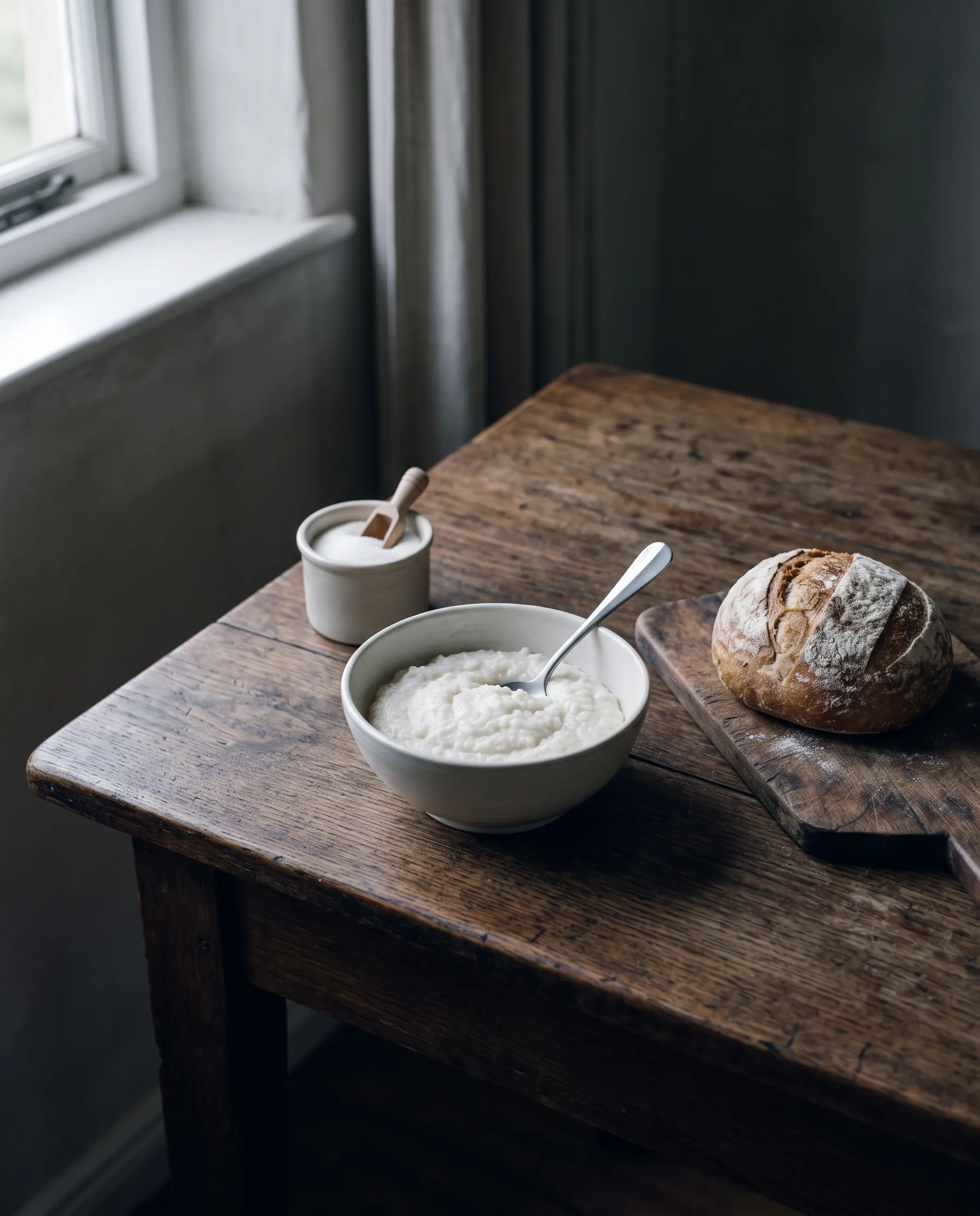 A bowl of maize porridge, a loaf of bread and a bowl of sugar on a plain wooden table
