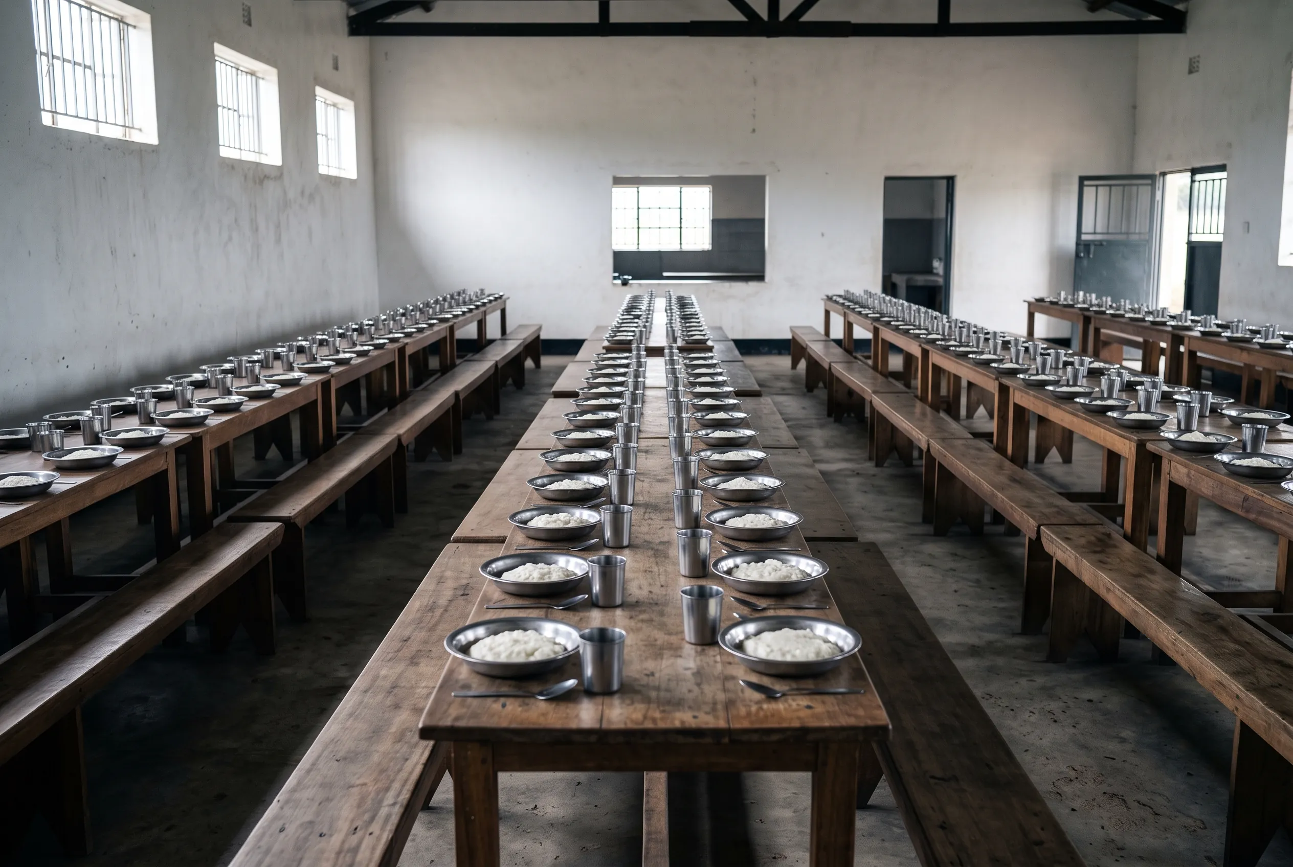 A school dining room with steel bowls of maize porridge set out on long tables