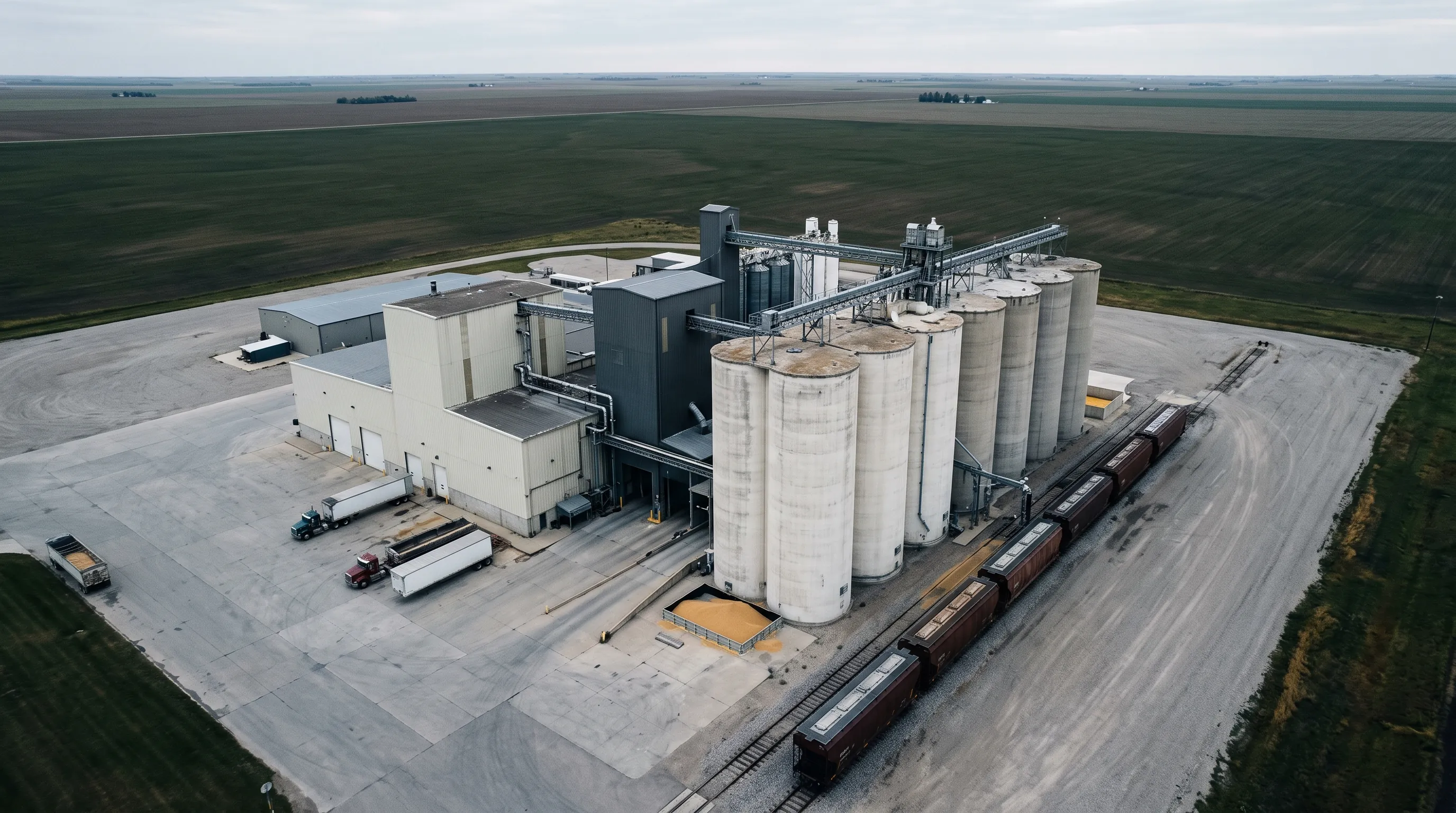 A grain mill with tall silos and rail sidings seen from the air