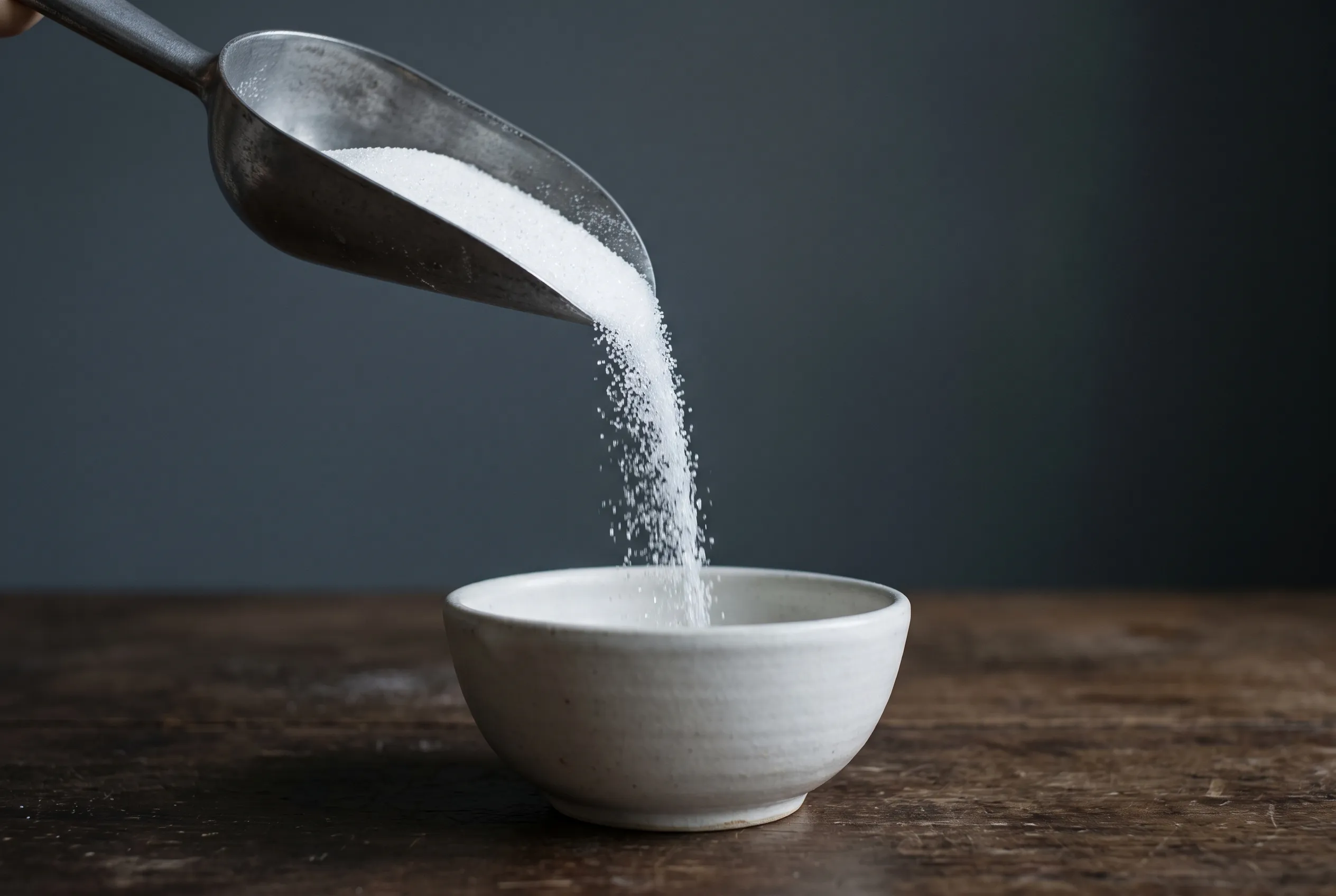 White sugar crystals pouring from a steel scoop