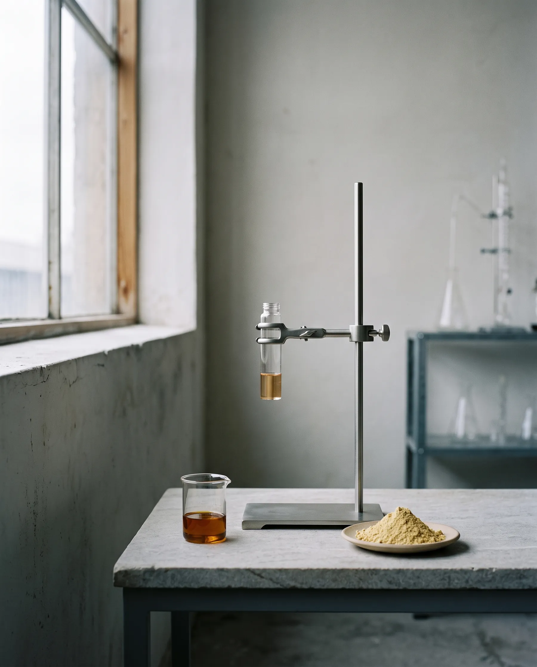 A vial of concentrate in a laboratory clamp